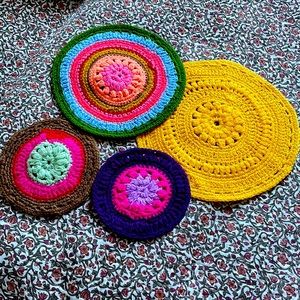 Hand knitted acrylic mandalas/coasters/wall decoration